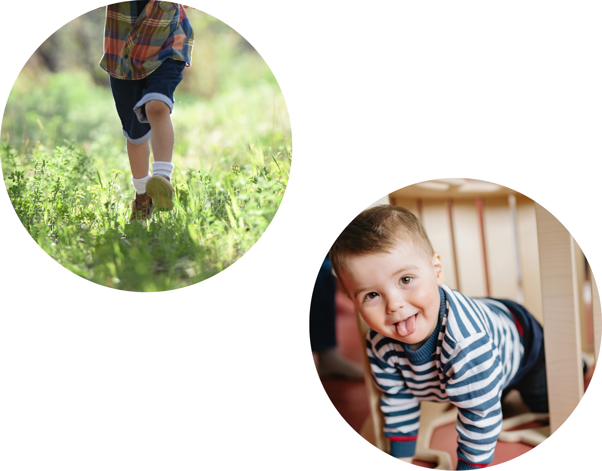Two circular images show a young crawling boy who plays indoors as well as the body of a young boy running in the grass.