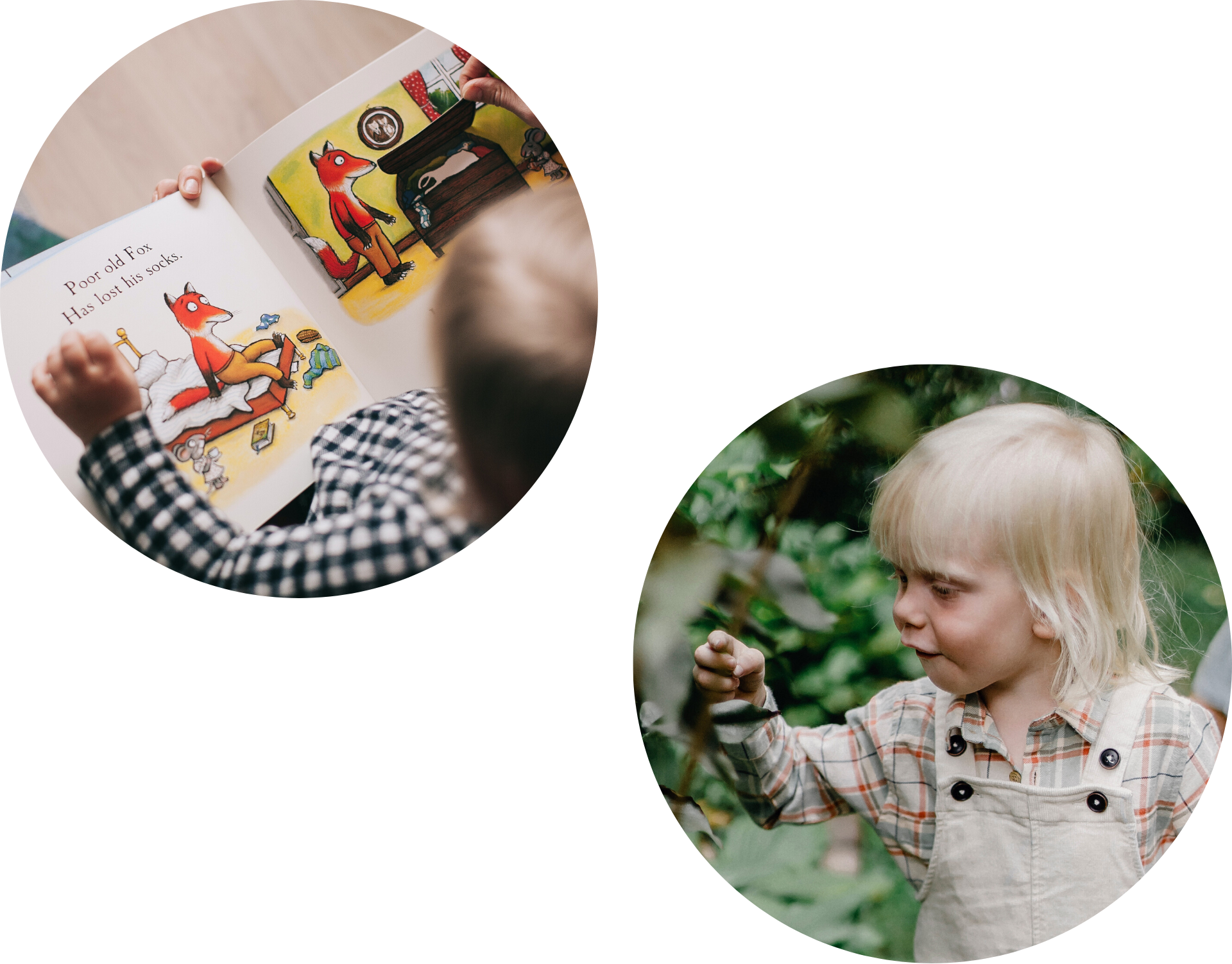 Two circle pictures show a young blond girl, who is looking through a book and playing outside in a garden. 