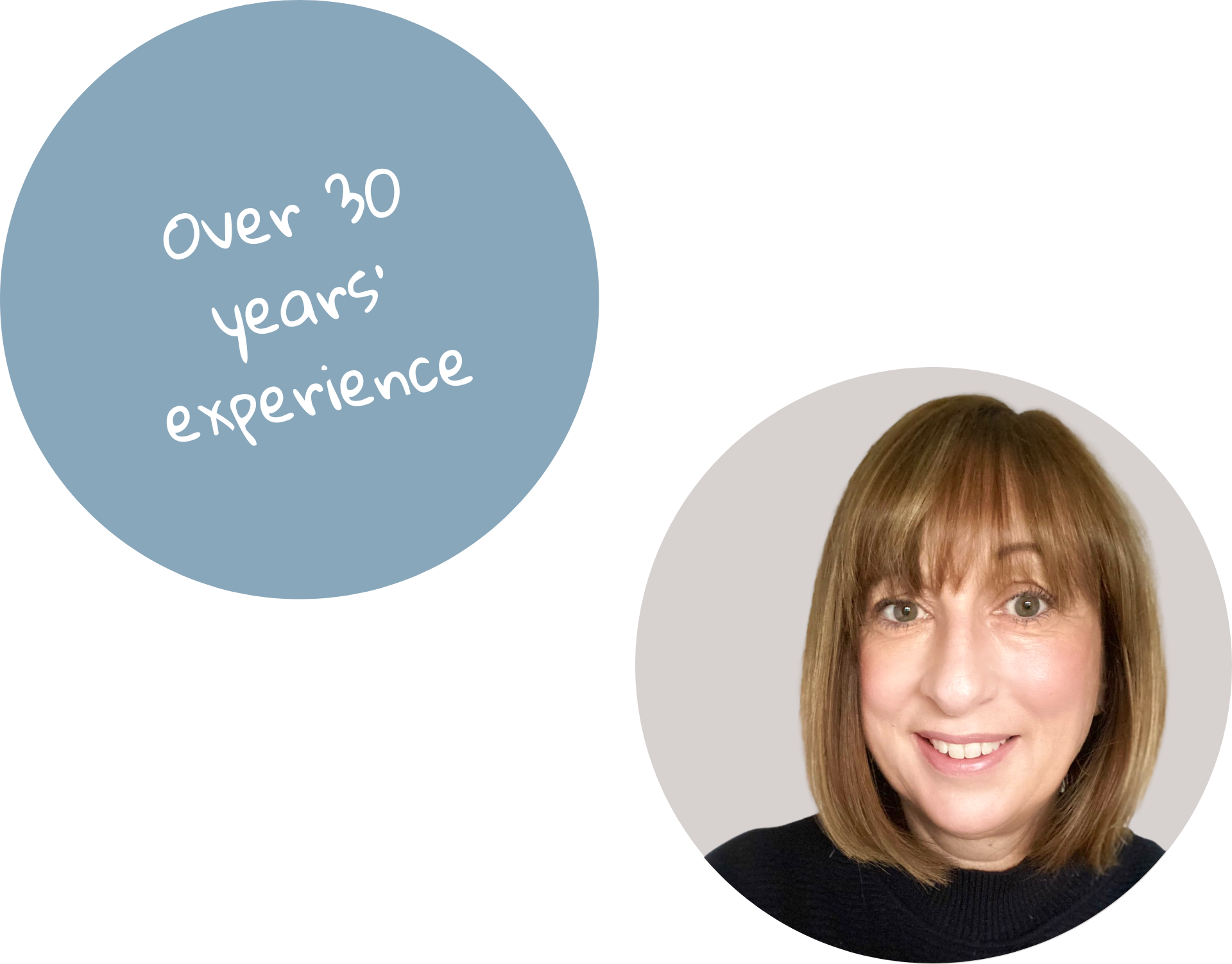 Two circular images show the text "Over 30 years' experience" and Gill Medhurst's professional portrait.