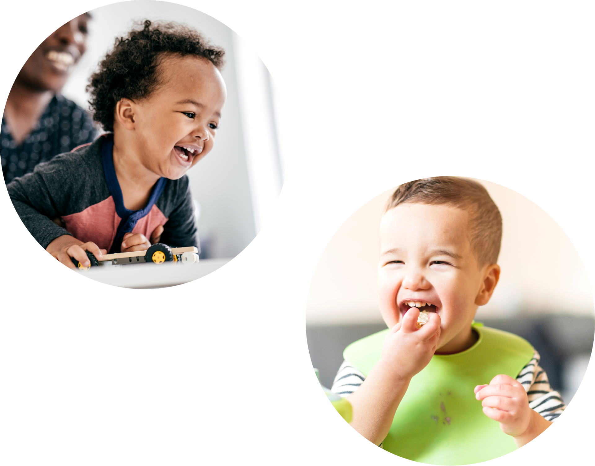 Two circular portraits of two young boys who are laughing