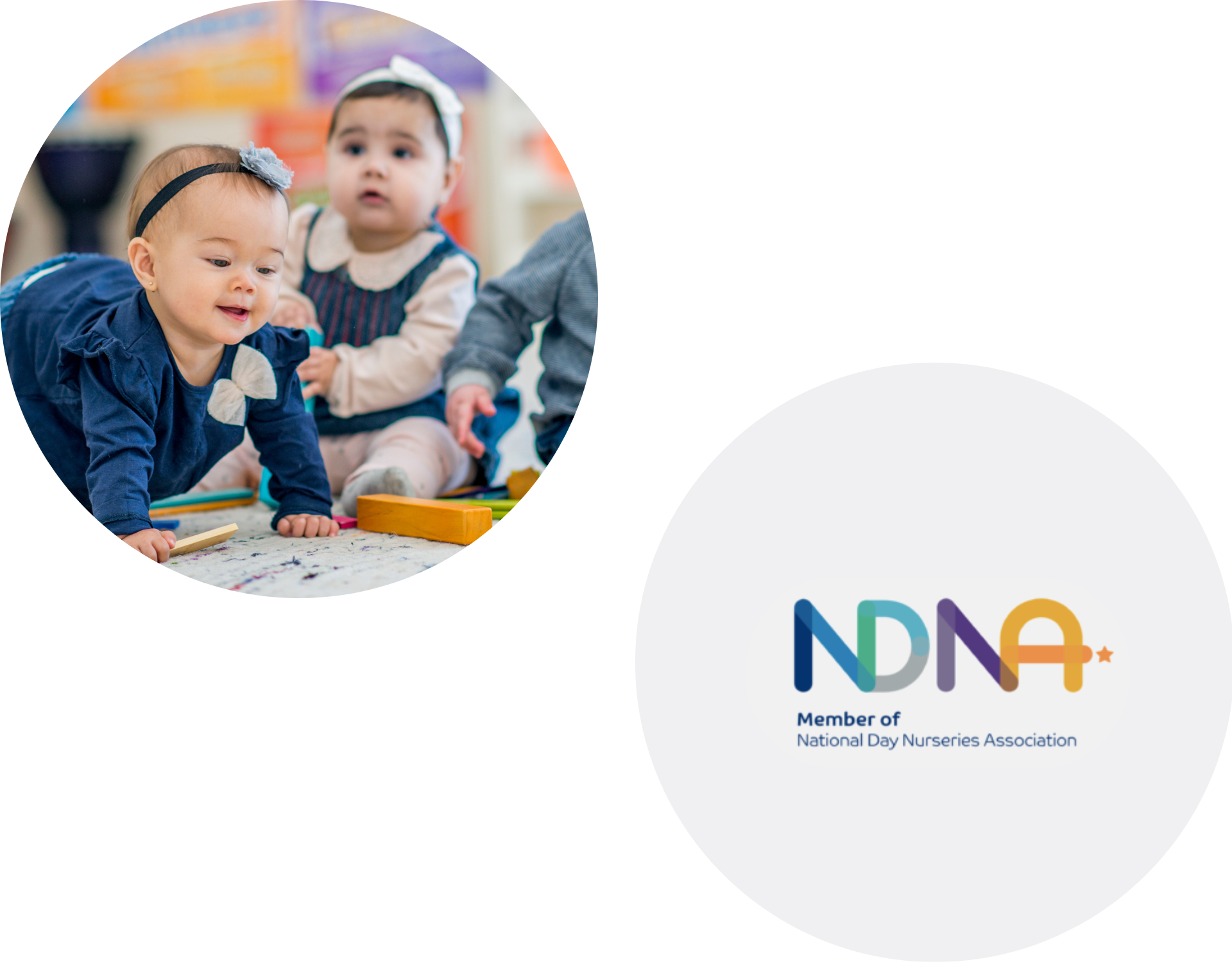 Two circular images show the National Day Nurseries Association and a baby girl drawing while another one is sitting in the background.